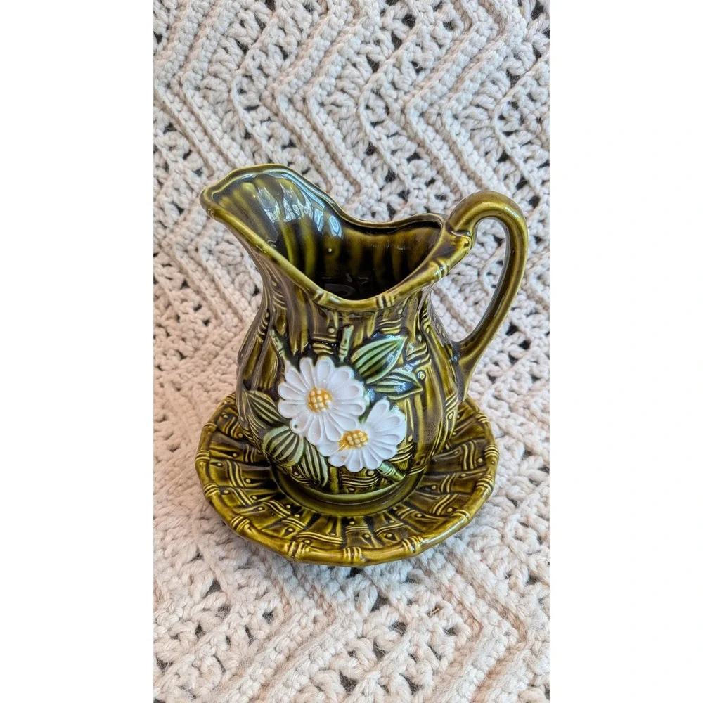 Vintage Japan Olive Green Bamboo Ceramic Creamer Saucer Set Daisy‎ Dragonfly
